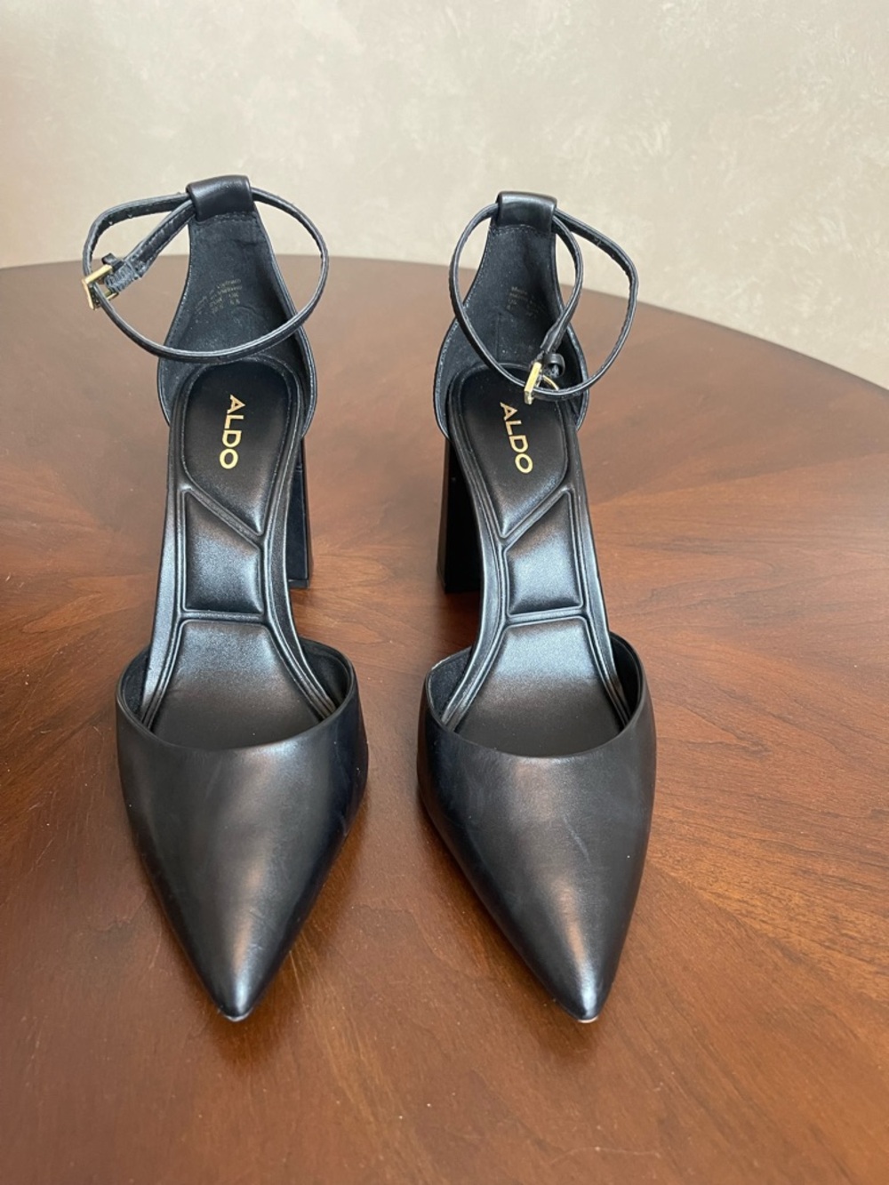 ALDO Faith Black Pointed Ankle-Strap Block Heels Size 8